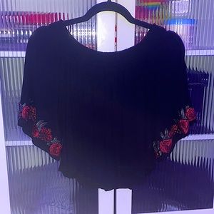 Black off the shoulder boho rose embroidered sleeve top
